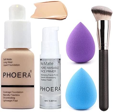 All in One Makeup Set - 12 Color Eyeshadow Palette, Matte Foundation, Face Primer, 3 Color Liquid Lipstick, Eyebrow Soap, Winged Eyeliner Stamp, Makeup Brush, Sponge - Set A