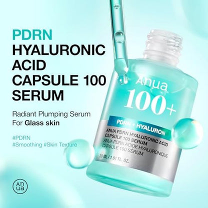 ANUA PDRN Hyaluronic Acid Capsule 100 Serum, Radiant Face Serum, Hyaluronic Acid, Hydration, Moisture Plumping effect, Natural color, Korean Skincare, 30ml/1.01fl.oz