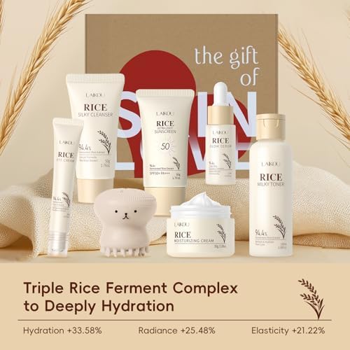 LAIKOU Skincare Set, 7PCS Korean Rice Face Care Kit with Fermented Rice, For Soft, Smooth & Radiant Skin, Christmas Birthday Gifts for Women Teenage Girls Mom Friend, Travel Sized TSA-friendly