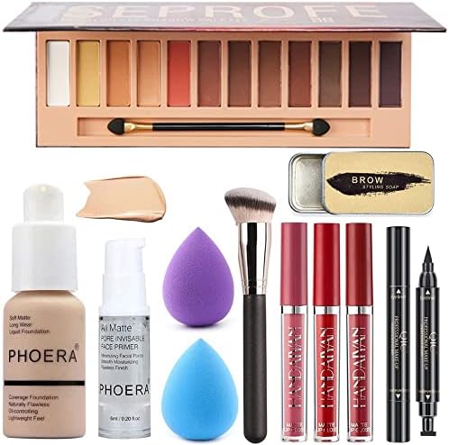 All in One Makeup Set - 12 Color Eyeshadow Palette, Matte Foundation, Face Primer, 3 Color Liquid Lipstick, Eyebrow Soap, Winged Eyeliner Stamp, Makeup Brush, Sponge - Set A