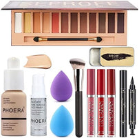 All in One Makeup Set - 12 Color Eyeshadow Palette, Matte Foundation, Face Primer, 3 Color Liquid Lipstick, Eyebrow Soap, Winged Eyeliner Stamp, Makeup Brush, Sponge - Set A