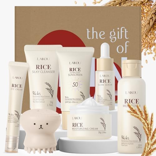 LAIKOU Skincare Set, 7PCS Korean Rice Face Care Kit with Fermented Rice, For Soft, Smooth & Radiant Skin, Christmas Birthday Gifts for Women Teenage Girls Mom Friend, Travel Sized TSA-friendly