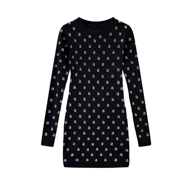Wang's Style Cotton Elasticity Slim Shining Diamond Black Mini Dress For Woman Long Club Evening Party Sleeved Dresses Clothes