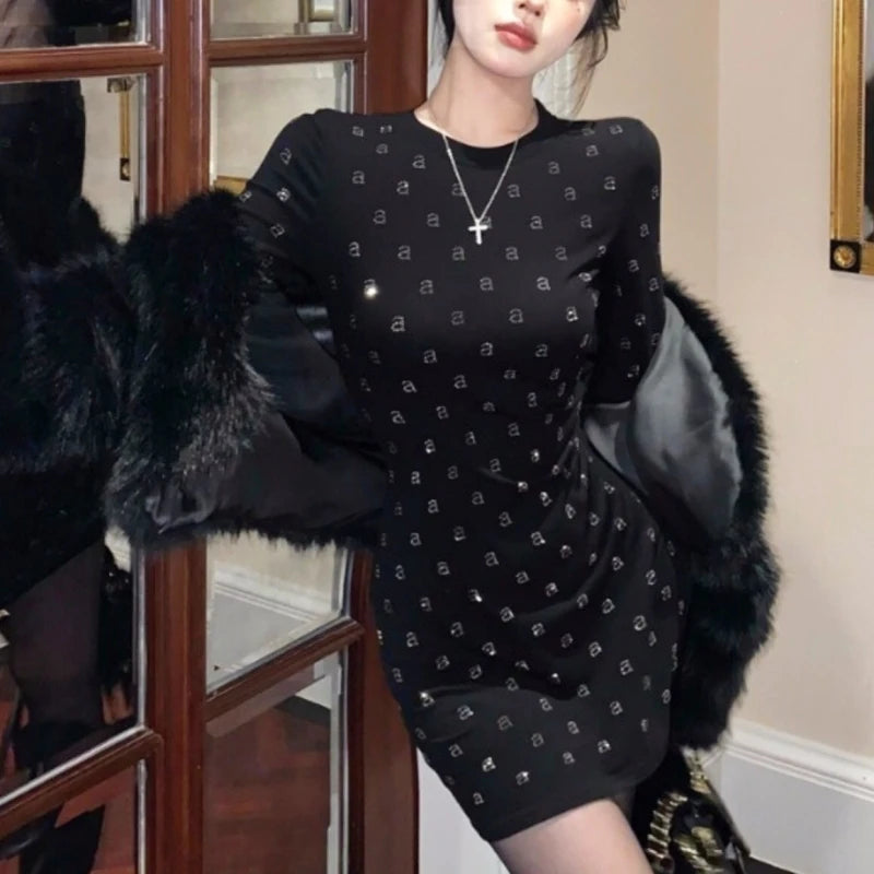 Wang's Style Cotton Elasticity Slim Shining Diamond Black Mini Dress For Woman Long Club Evening Party Sleeved Dresses Clothes