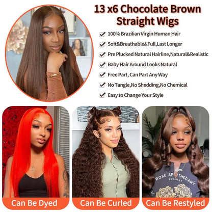 Straight Chocolate Brown Human Hair Wigs 100% 13X6 Hd Lace Frontal Wig 30 36 Inch Lace Front Wig Brazilian Wigs Original Colored
