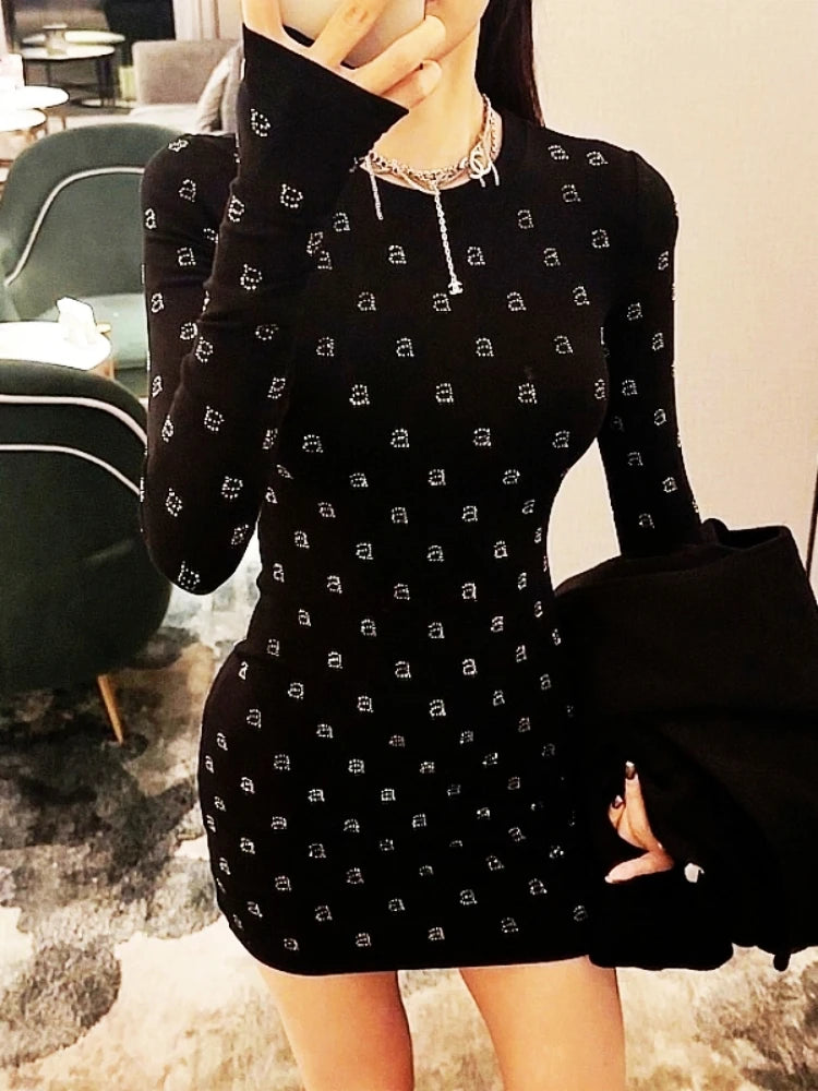 Wang's Style Cotton Elasticity Slim Shining Diamond Black Mini Dress For Woman Long Club Evening Party Sleeved Dresses Clothes