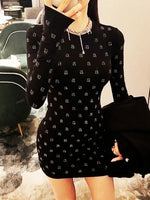 Wang's Style Cotton Elasticity Slim Shining Diamond Black Mini Dress For Woman Long Club Evening Party Sleeved Dresses Clothes