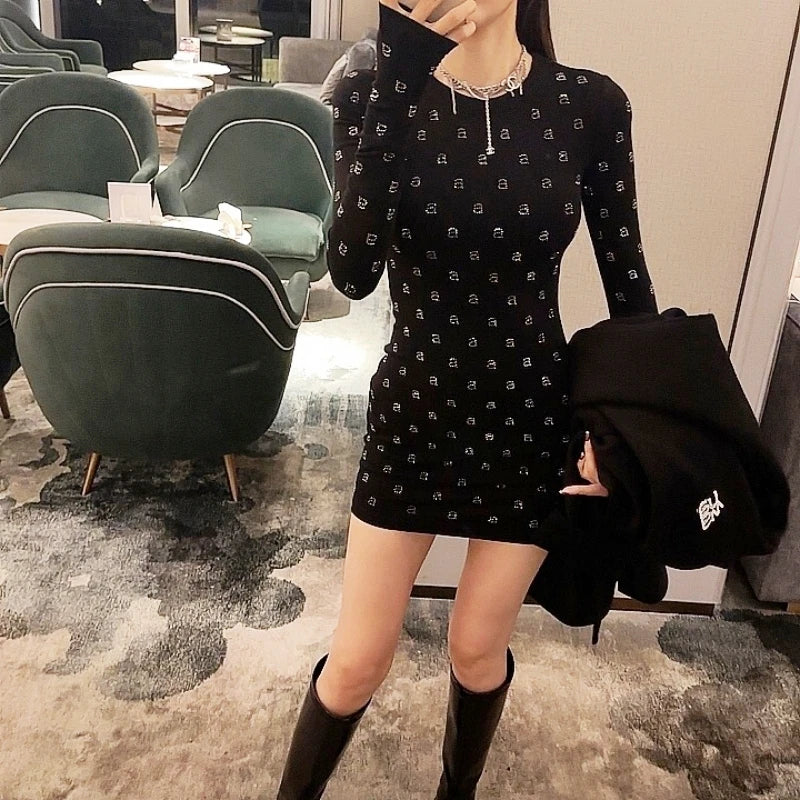 Wang's Style Cotton Elasticity Slim Shining Diamond Black Mini Dress For Woman Long Club Evening Party Sleeved Dresses Clothes