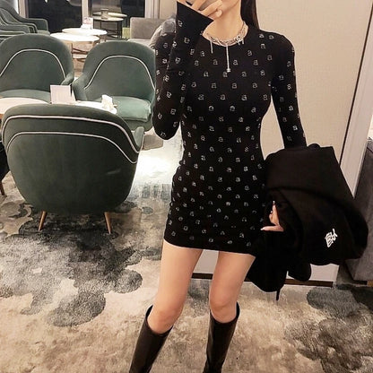 Wang's Style Cotton Elasticity Slim Shining Diamond Black Mini Dress For Woman Long Club Evening Party Sleeved Dresses Clothes